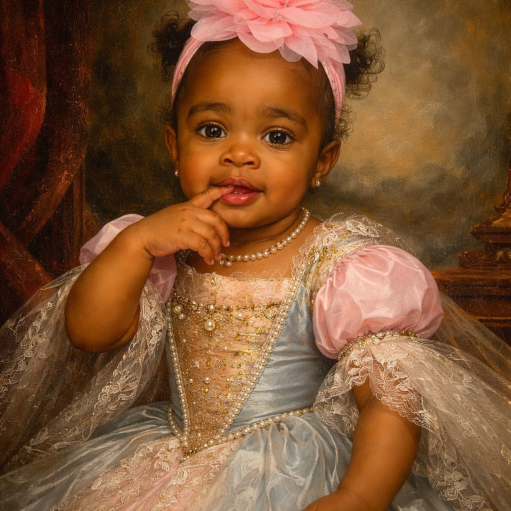 A charming baby girl sits comfortably in a stroller, wearing a large pink flower headband and a denim outfit. She has a curious expression with one finger near her mouth, looking adorable and thoughtful.