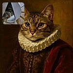 A curious tabby cat peeks out from under a white chair with wooden legs, its big eyes wide open and whiskers twitching in a cozy indoor setting with a wooden floor and a rug in the background.