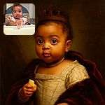 A curious baby sits in a high chair, holding a snack with wide, inquisitive eyes as if pondering the mysteries of the universe, while the colorful patterned cushion provides a lively backdrop.