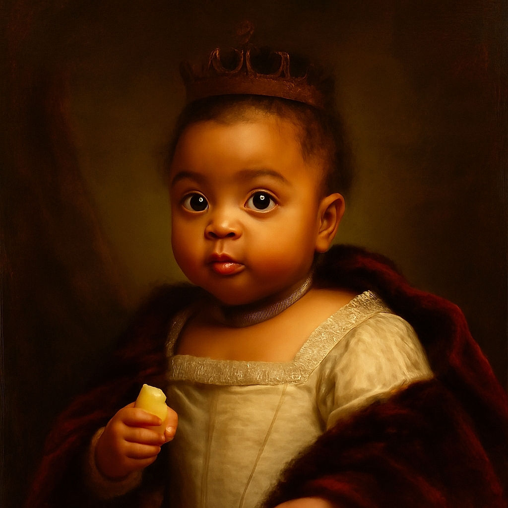 A curious baby sits in a high chair, holding a snack with wide, inquisitive eyes as if pondering the mysteries of the universe, while the colorful patterned cushion provides a lively backdrop.