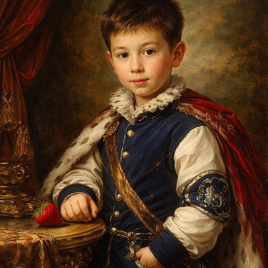 Two kids perched on a mossy step in front of a rustic wooden fence — one nibbling a snack with a hoodie pulled up, the other making an exaggerated wide‑eyed face while holding a strawberry. Bright casual clothes, scuffed shoes, and a backyard vibe give this candid a warm, playful energy.