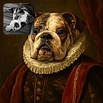 A charming bulldog with a quirky underbite gazes curiously at the camera while lounging on a patterned rug, the black and white filter adding a classic touch to this cozy indoor moment.