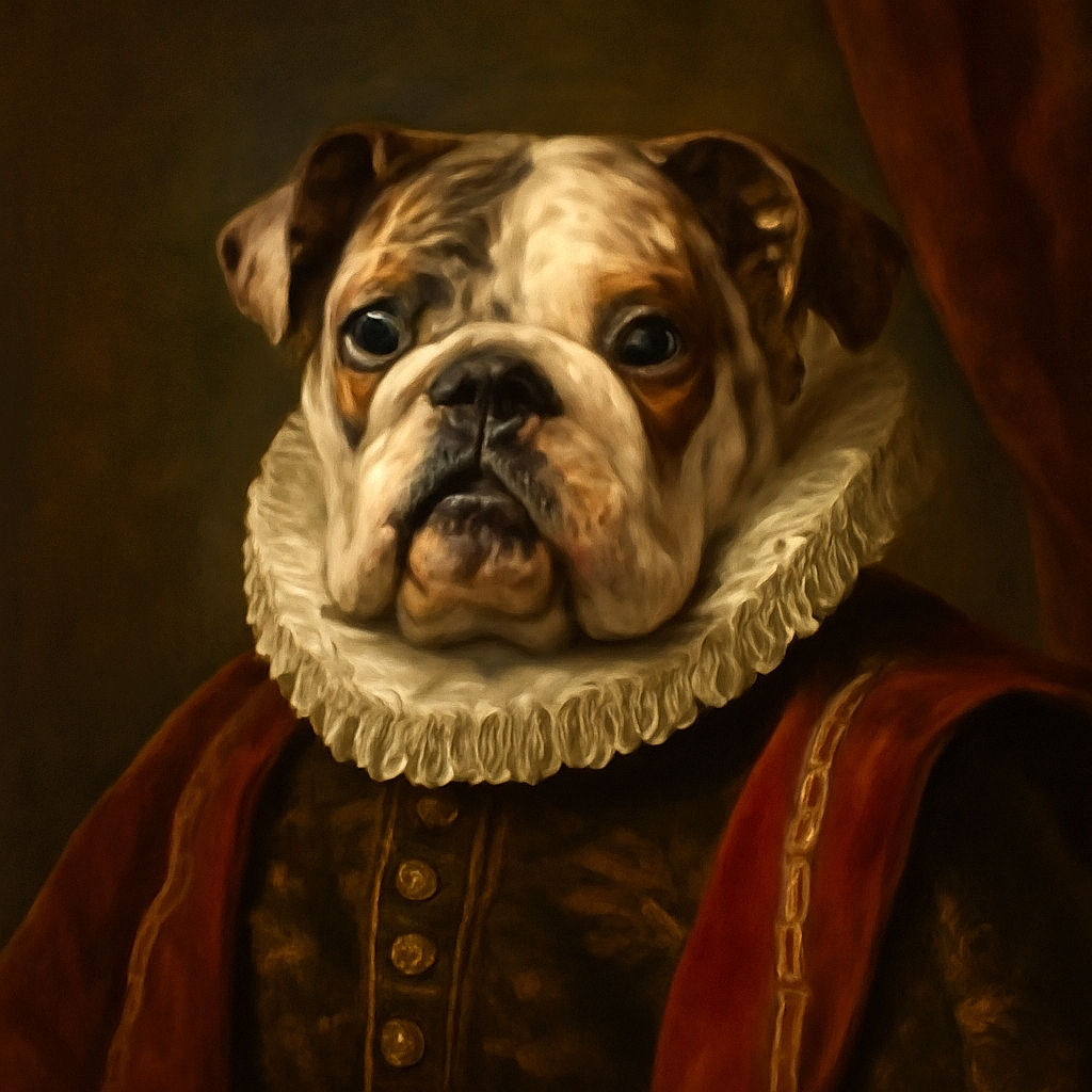 A charming bulldog with a quirky underbite gazes curiously at the camera while lounging on a patterned rug, the black and white filter adding a classic touch to this cozy indoor moment.