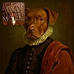 A well-composed photo of a brown dog with a white chest sitting on a fluffy rug in front of an intricately carved wooden cabinet. The warm tones of the wood floor and furniture complement the dog's rich coat, creating a cozy indoor scene.