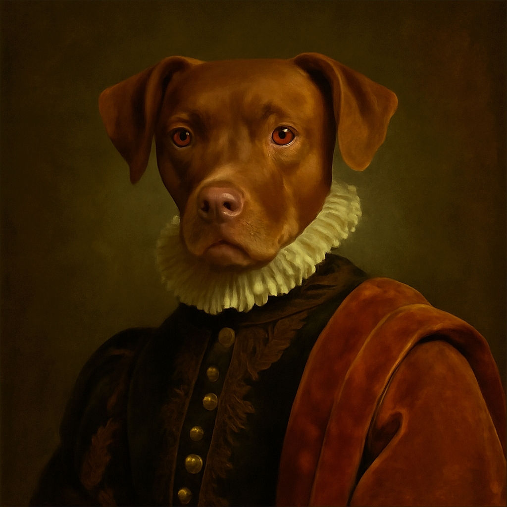 A well-composed photo of a brown dog with a white chest sitting on a fluffy rug in front of an intricately carved wooden cabinet. The warm tones of the wood floor and furniture complement the dog's rich coat, creating a cozy indoor scene.