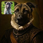 A close-up photo of a dog sitting in lush green grass, looking attentively at the camera with a shiny collar and leash visible. The lighting highlights the dog's textured fur and expressive eyes, creating a natural and warm outdoor portrait.
