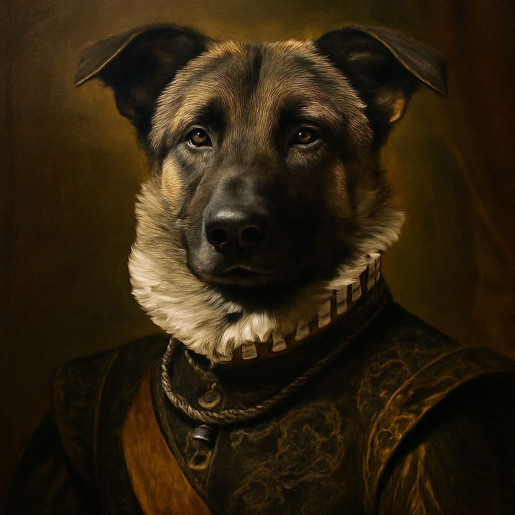 A close-up photo of a dog sitting in lush green grass, looking attentively at the camera with a shiny collar and leash visible. The lighting highlights the dog's textured fur and expressive eyes, creating a natural and warm outdoor portrait.
