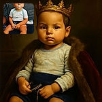 A cute toddler sits on a couch with a pacifier in their mouth, looking thoughtfully ahead. The child wears a light-colored shirt with turquoise trim and dark shorts, with a cozy home setting background featuring a gray couch and window blinds.