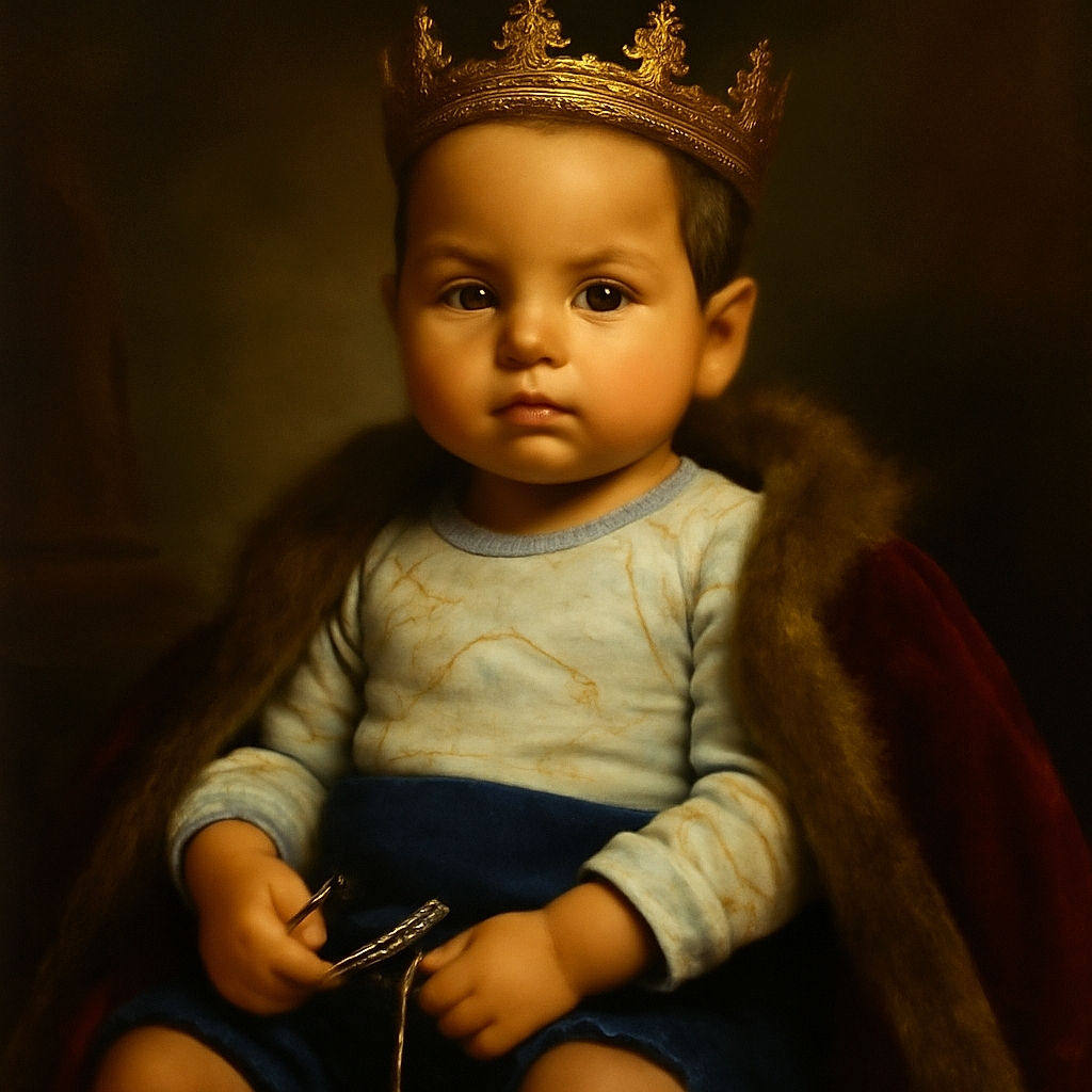 A cute toddler sits on a couch with a pacifier in their mouth, looking thoughtfully ahead. The child wears a light-colored shirt with turquoise trim and dark shorts, with a cozy home setting background featuring a gray couch and window blinds.