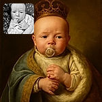 A close-up black and white photo of a baby sticking out their tongue while holding a pacifier, wrapped snugly in a blanket with a patterned fabric in the background. The baby looks curious and slightly mischievous.