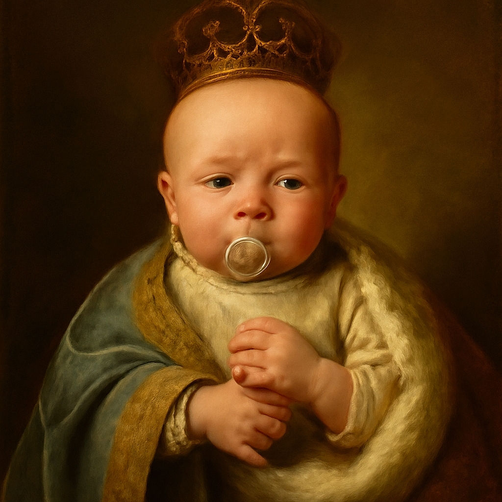 A close-up black and white photo of a baby sticking out their tongue while holding a pacifier, wrapped snugly in a blanket with a patterned fabric in the background. The baby looks curious and slightly mischievous.