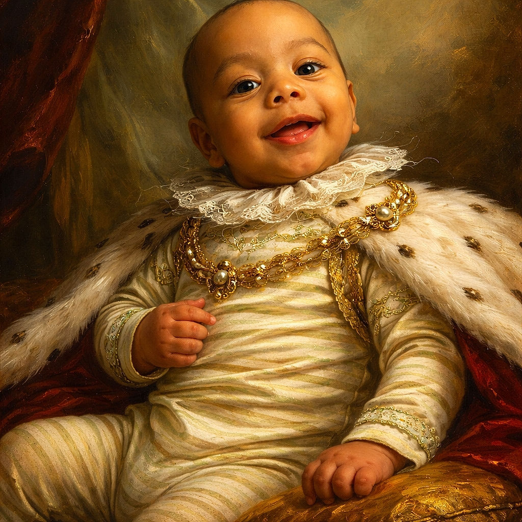 A cheerful baby in a striped onesie lounges on teal pillows, flashing a big toothy grin like a tiny stand-up comedian while kicking a fluffy blanket.