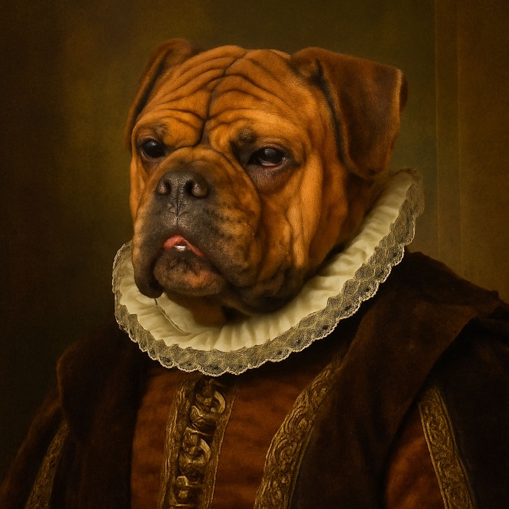 A charming brown dog with a wrinkled face and a bright yellow leash is standing on a dirt path covered with small sticks and leaves, looking content with its tongue slightly out.