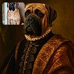 A majestic, serious-faced large dog sits proudly indoors against a plain wall and doorframe, showing off its muscular build and expressive eyes that seem to tell a story of wisdom and patience.