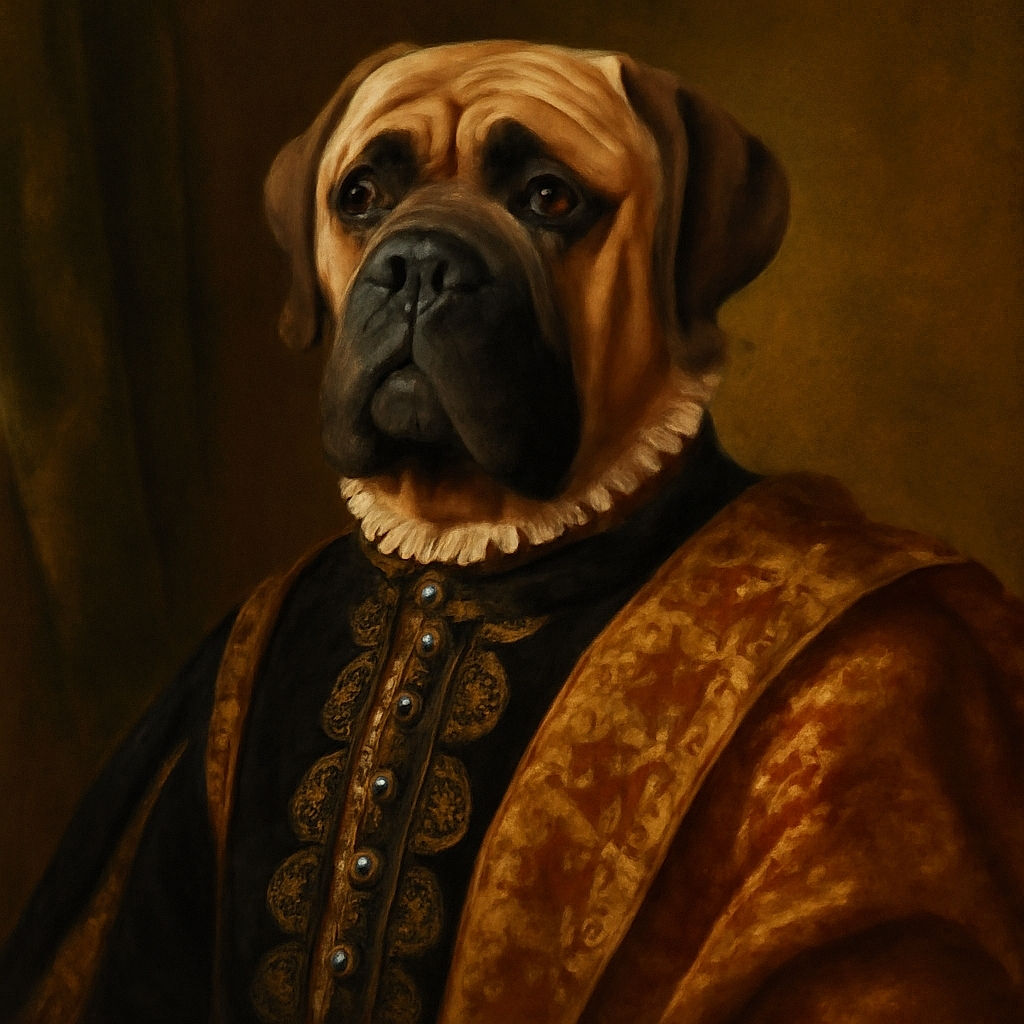 A majestic, serious-faced large dog sits proudly indoors against a plain wall and doorframe, showing off its muscular build and expressive eyes that seem to tell a story of wisdom and patience.