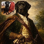 A charming black dog is sitting on a wooden bench looking directly at the camera with soulful eyes, while a person in a red hoodie sits beside it facing sideways. The scene is indoors with a wooden table cluttered with bottles and snacks, and a large wall clock in the background.