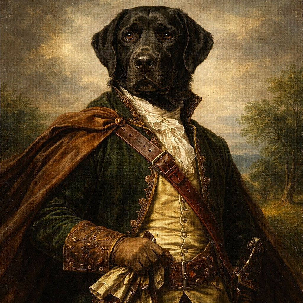 A charming black dog is sitting on a wooden bench looking directly at the camera with soulful eyes, while a person in a red hoodie sits beside it facing sideways. The scene is indoors with a wooden table cluttered with bottles and snacks, and a large wall clock in the background.