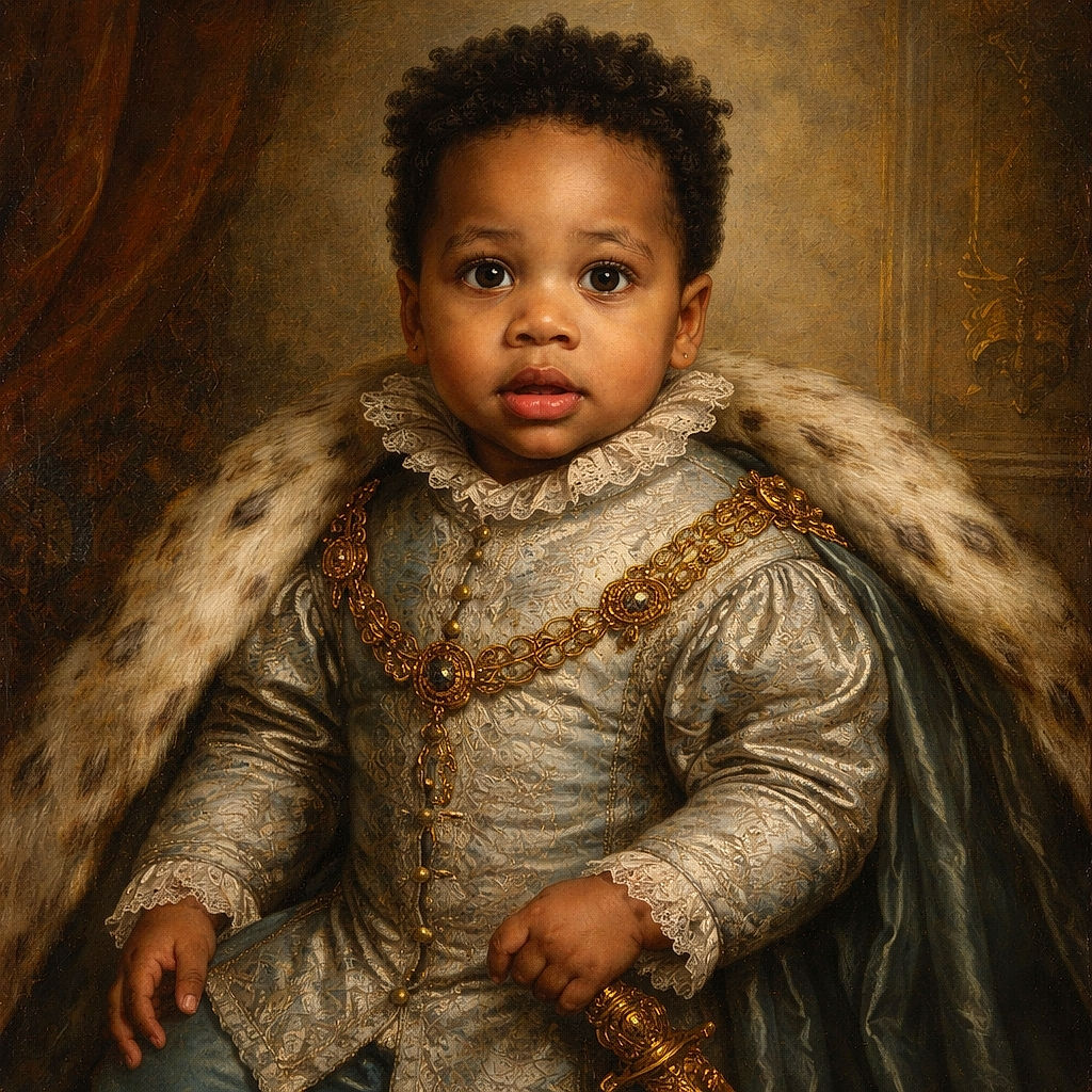 A wide-eyed toddler wearing a 'little dude' shirt sits comfortably in a cozy beige chair shaped like a dog, looking curiously at the camera with a slightly open mouth. The background shows a textured wall and a mirror reflecting some household items.