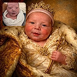 A freshly swaddled newborn baby with a tiny striped hat gazes curiously at the camera, wrapped snugly in a soft white blanket with faint pastel patterns, resting comfortably in someone's arms.