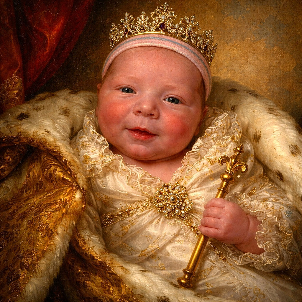 A freshly swaddled newborn baby with a tiny striped hat gazes curiously at the camera, wrapped snugly in a soft white blanket with faint pastel patterns, resting comfortably in someone's arms.