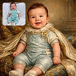 A happy baby dressed in a mint green romper sits comfortably on a white bed, flashing an adorable smile with tousled hair and chubby cheeks, radiating pure joy and innocence.