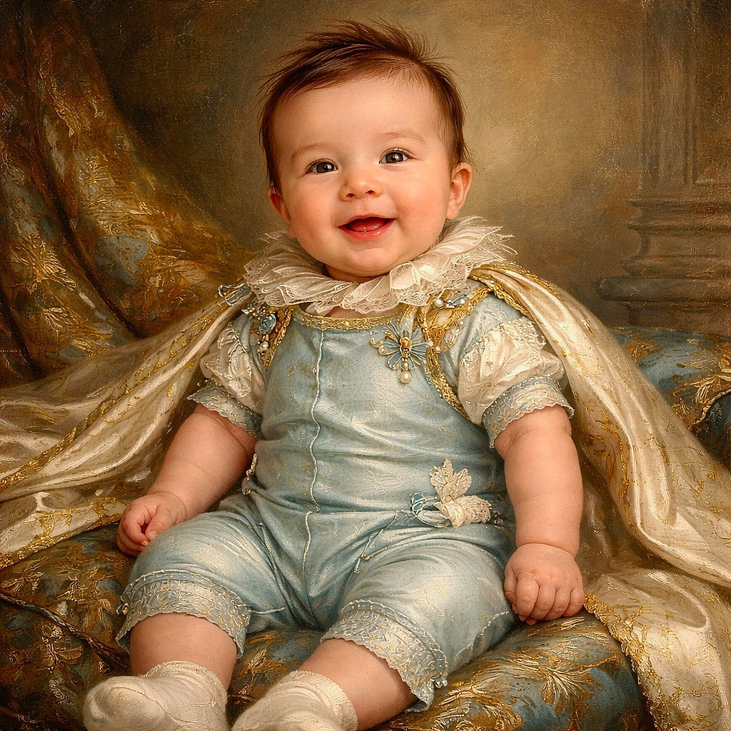 A happy baby dressed in a mint green romper sits comfortably on a white bed, flashing an adorable smile with tousled hair and chubby cheeks, radiating pure joy and innocence.