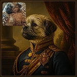 Two adorable little dogs are posing like a furry buddy-cop team: the front pup lounges proudly in the patterned chair while the scruffy one peeks over the back, apparently supervising the photo shoot.