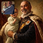 A joyful baby is being held by a smiling older man wearing a light blue shirt with a colorful patch on the shoulder. The warm indoor lighting highlights their happy expressions, creating a cozy and heartwarming moment.