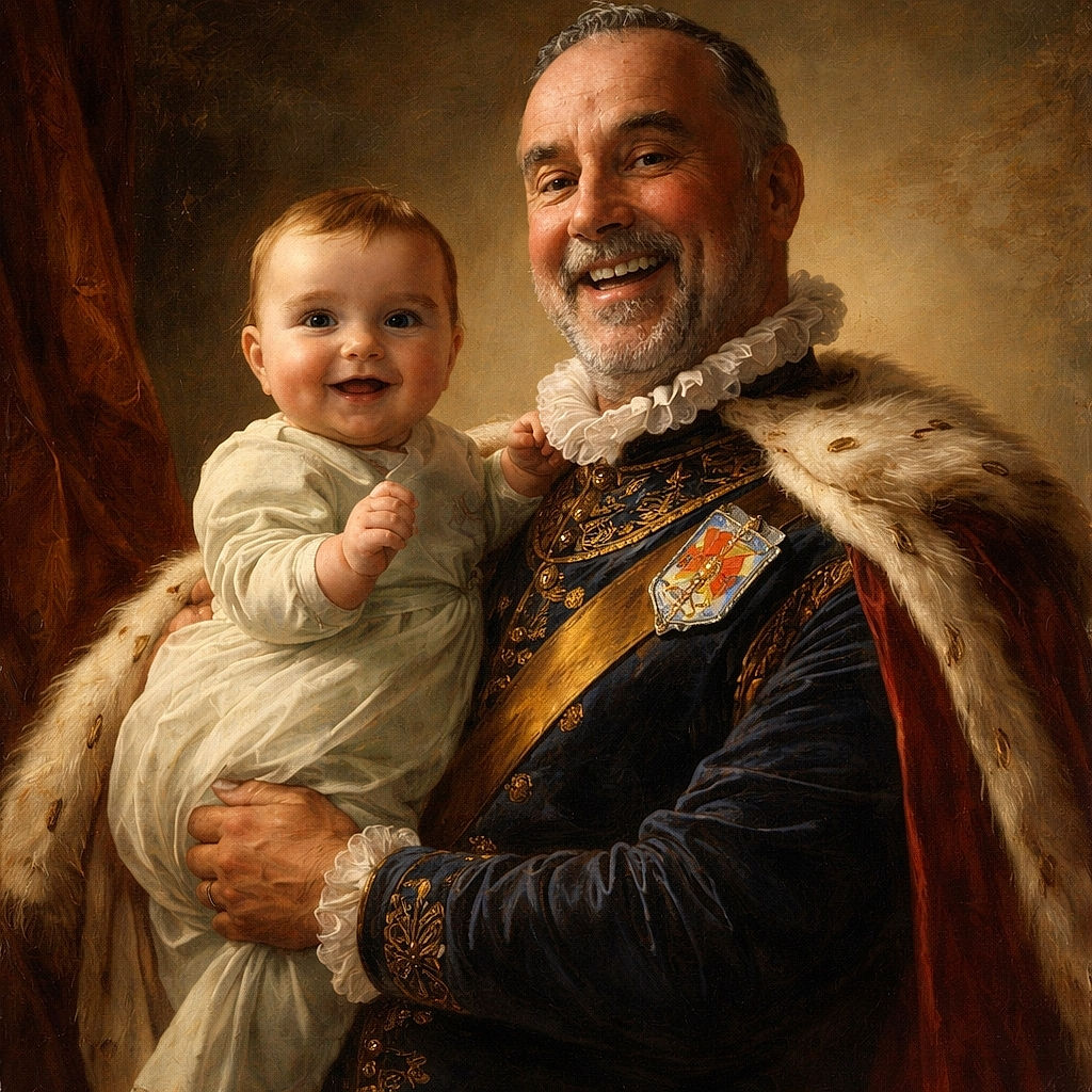 A joyful baby is being held by a smiling older man wearing a light blue shirt with a colorful patch on the shoulder. The warm indoor lighting highlights their happy expressions, creating a cozy and heartwarming moment.