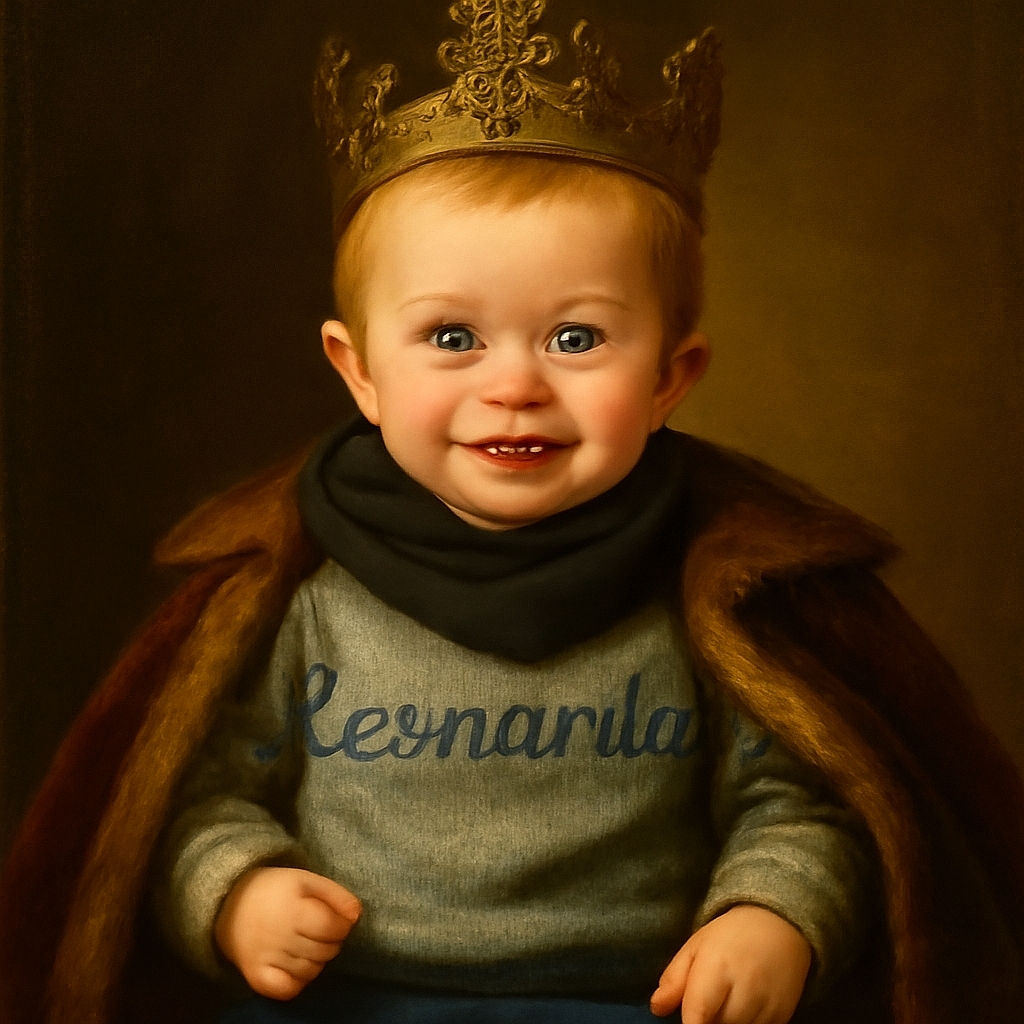 A cute baby with bright blue eyes and a playful expression is being held up against a plain gray background, wearing a cozy knit sweater and denim jeans, with an adult's tattooed hands supporting the child.