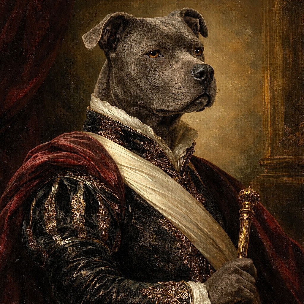 A dignified gray dog wearing a cozy red and black checkered jacket sits outdoors surrounded by green grass and trees, looking off into the distance with a calm and thoughtful expression.