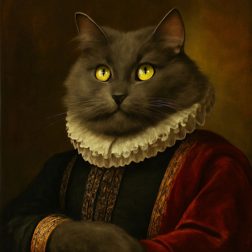 A majestic fluffy gray cat lounges regally on a soft pink blanket with intricate patterns, its striking yellow eyes wide open and alert, as if guarding an ancient secret while chilling on a cozy couch under a large framed artwork.