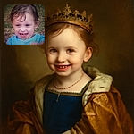 A joyful toddler with wet hair and bright blue eyes is gripping a wooden edge, flashing a wide, toothy grin that shows off a few baby teeth, set against a blurred outdoor background of grass and pebbles.