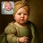 A charming baby with a mustard-colored turban and mint green ribbed outfit gazes curiously, lips slightly parted, with soft lighting highlighting the delicate skin and tiny hand reaching out, all set against a blurred cozy background.