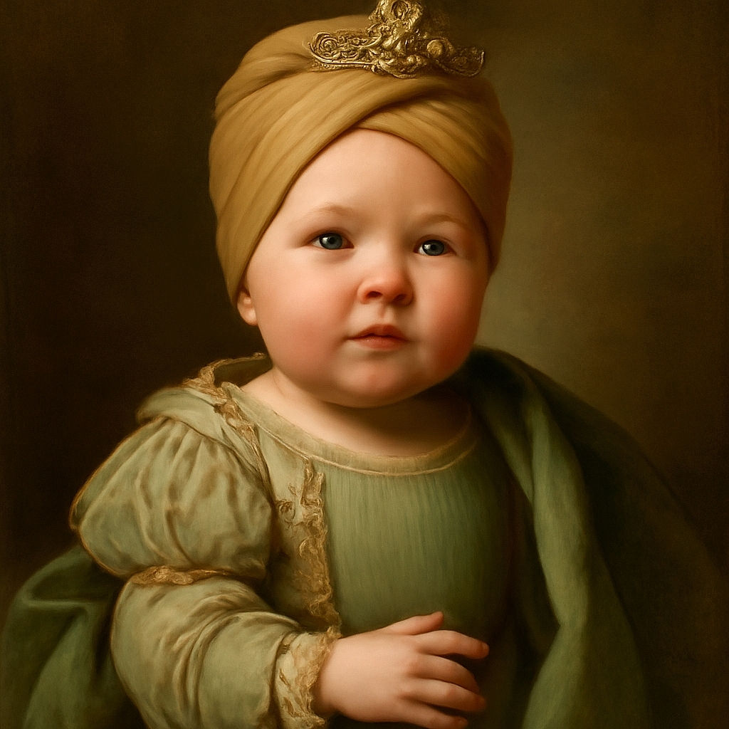 A charming baby with a mustard-colored turban and mint green ribbed outfit gazes curiously, lips slightly parted, with soft lighting highlighting the delicate skin and tiny hand reaching out, all set against a blurred cozy background.