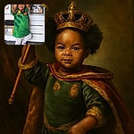 A cute toddler stands on a gray shaggy carpet, wearing a green Cameroon soccer jersey and white tights with pink bows, holding a small green object above their head. The background features a white cabinet with framed photos, one blurred and one clearer, adding a cozy home atmosphere.