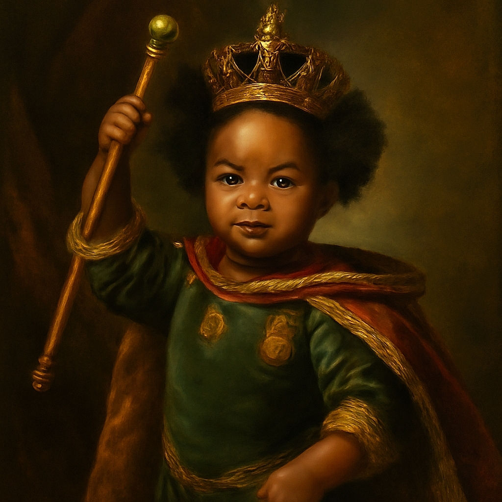 A cute toddler stands on a gray shaggy carpet, wearing a green Cameroon soccer jersey and white tights with pink bows, holding a small green object above their head. The background features a white cabinet with framed photos, one blurred and one clearer, adding a cozy home atmosphere.