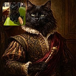 A fluffy black cat sits majestically on a green chair with a curious and intense gaze, while a wooden table and a WiFi sign create a cozy indoor atmosphere.