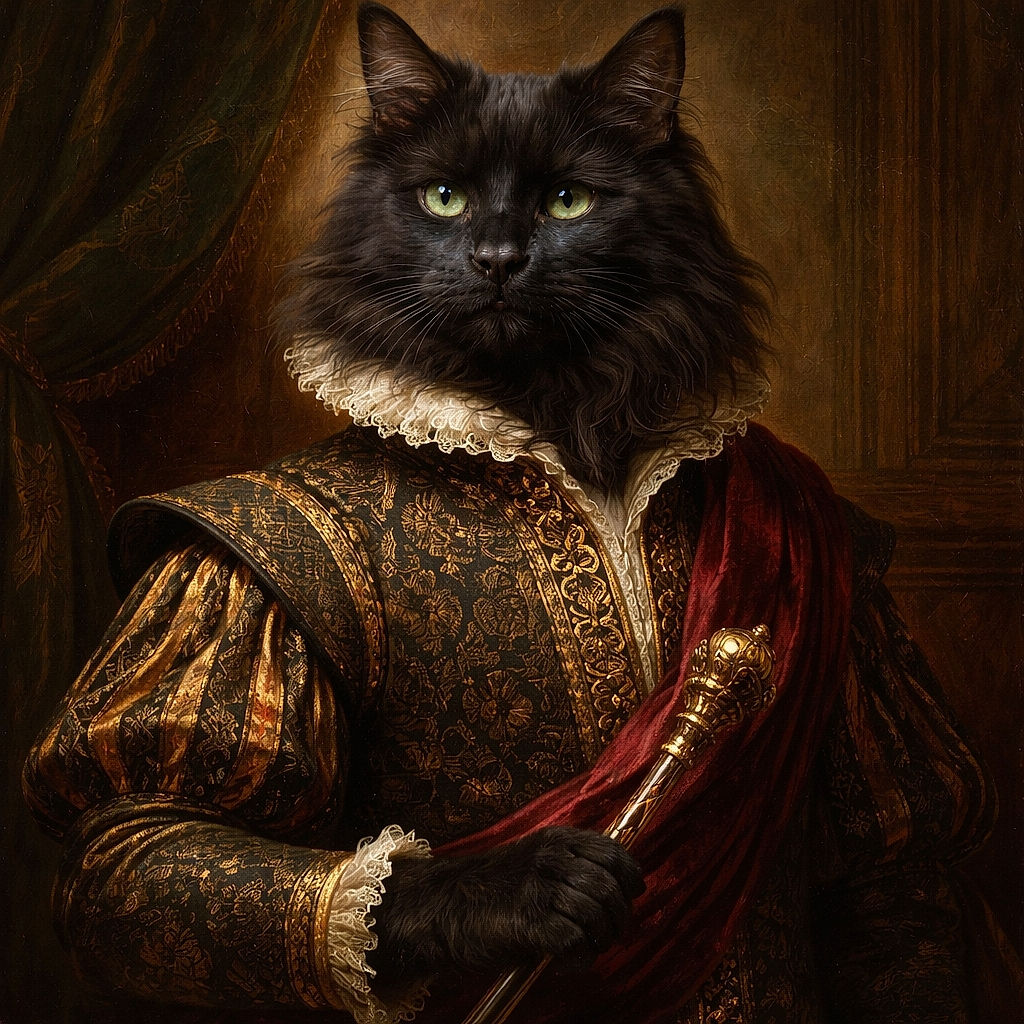 A fluffy black cat sits majestically on a green chair with a curious and intense gaze, while a wooden table and a WiFi sign create a cozy indoor atmosphere.