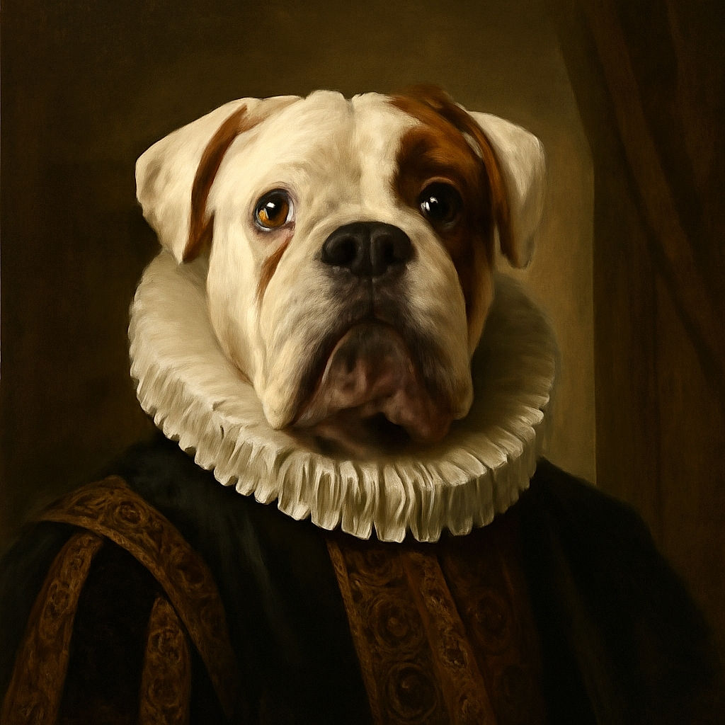 A soulful-faced bulldog with a charming patch over one eye is sitting indoors on a wooden floor, gazing directly at the camera with an expression that says, 'Are you sure you don't have a treat for me?' The background is softly blurred, focusing all attention on this adorable canine.