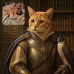A wonderfully relaxed orange-and-white cat lounges across a floral bedspread, staring into the camera like it has just been caught ruling the bedroom kingdom. Its stretched-out paws and dangling leg say maximum comfort, while the glowing window trim adds a tiny sci-fi spaceship vibe.