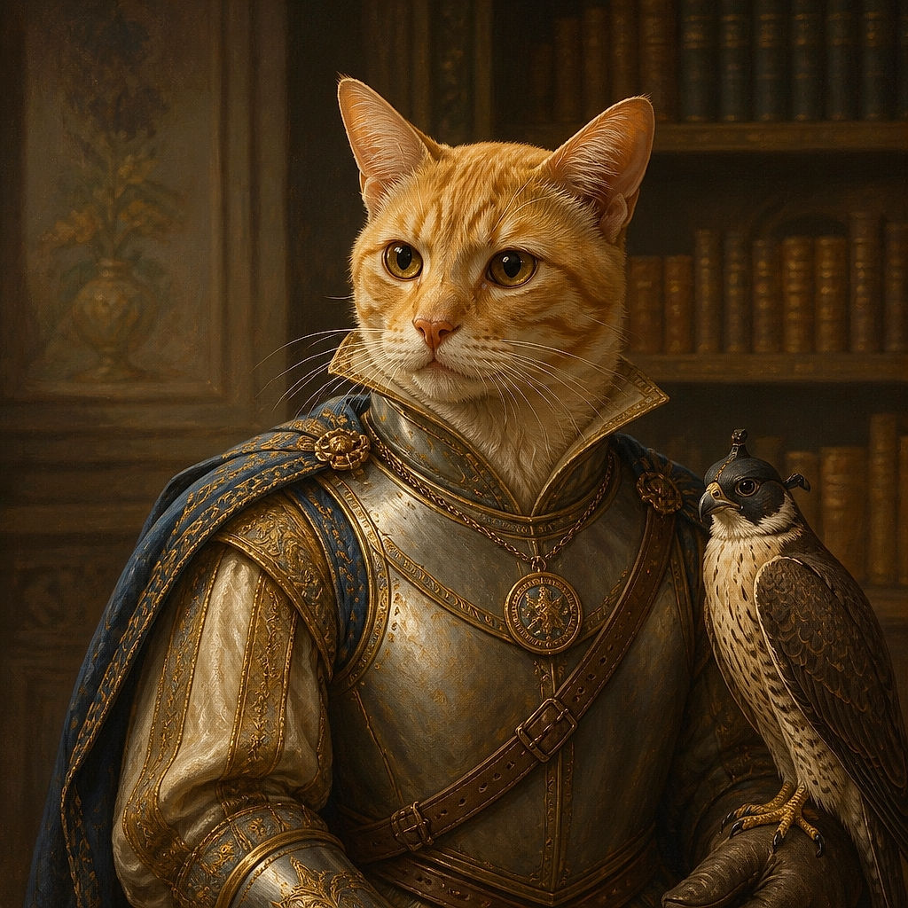 A wonderfully relaxed orange-and-white cat lounges across a floral bedspread, staring into the camera like it has just been caught ruling the bedroom kingdom. Its stretched-out paws and dangling leg say maximum comfort, while the glowing window trim adds a tiny sci-fi spaceship vibe.