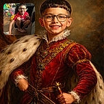 A cheerful young boy with glasses and a fresh haircut flashes a peace sign while squatting on a wooden floor, surrounded by colorful toys and cozy furniture, radiating pure joy and mischief.