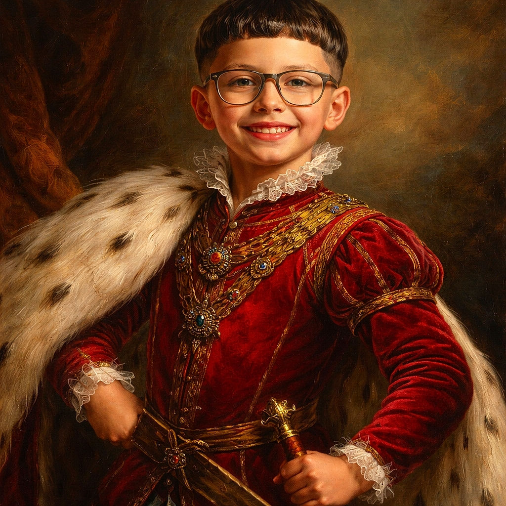 A cheerful young boy with glasses and a fresh haircut flashes a peace sign while squatting on a wooden floor, surrounded by colorful toys and cozy furniture, radiating pure joy and mischief.