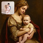 A cozy family moment with a baby held securely by a woman in a floral dress, while a man peeks playfully over her shoulder against a plain beige wall and wooden floor background.