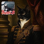 A sleek black-and-white tuxedo cat lounges like royalty on a brilliantly colorful woven blanket, occupying a plastic chair as if it personally invented comfortable furniture. Its wide golden eyes say it has spotted a treat—or is quietly judging the photographer.
