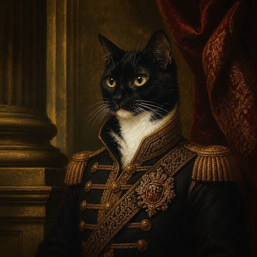 A sleek black-and-white tuxedo cat lounges like royalty on a brilliantly colorful woven blanket, occupying a plastic chair as if it personally invented comfortable furniture. Its wide golden eyes say it has spotted a treat—or is quietly judging the photographer.