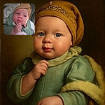 A close-up photo of a baby wearing a cozy brown hat and a green outfit, wrapped in a soft blanket, with a curious and calm expression on their face, surrounded by fluffy textures in the background.