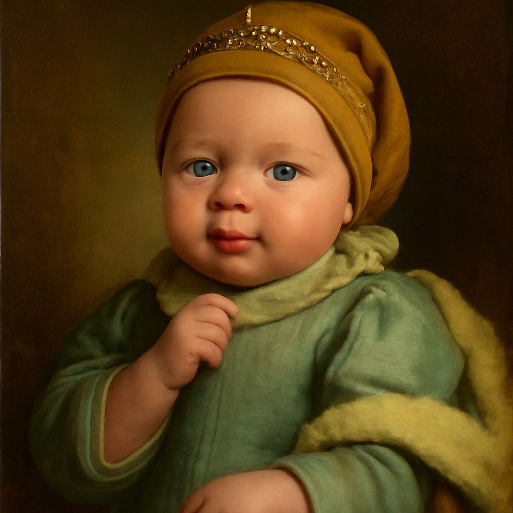 A close-up photo of a baby wearing a cozy brown hat and a green outfit, wrapped in a soft blanket, with a curious and calm expression on their face, surrounded by fluffy textures in the background.