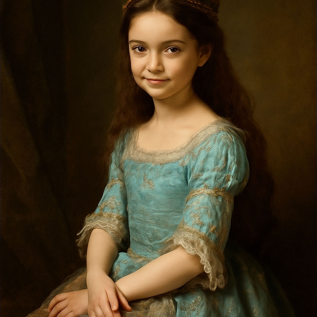 A young girl with long brown hair and a blue t-shirt sits gracefully on a large rock surrounded by green bushes and pink flowers. The photo appears to be a screenshot from a social media app, with various user interface elements and icons framing the image, including a '76%' text overlay on her shirt. The girl smiles softly, creating a warm and serene outdoor moment.